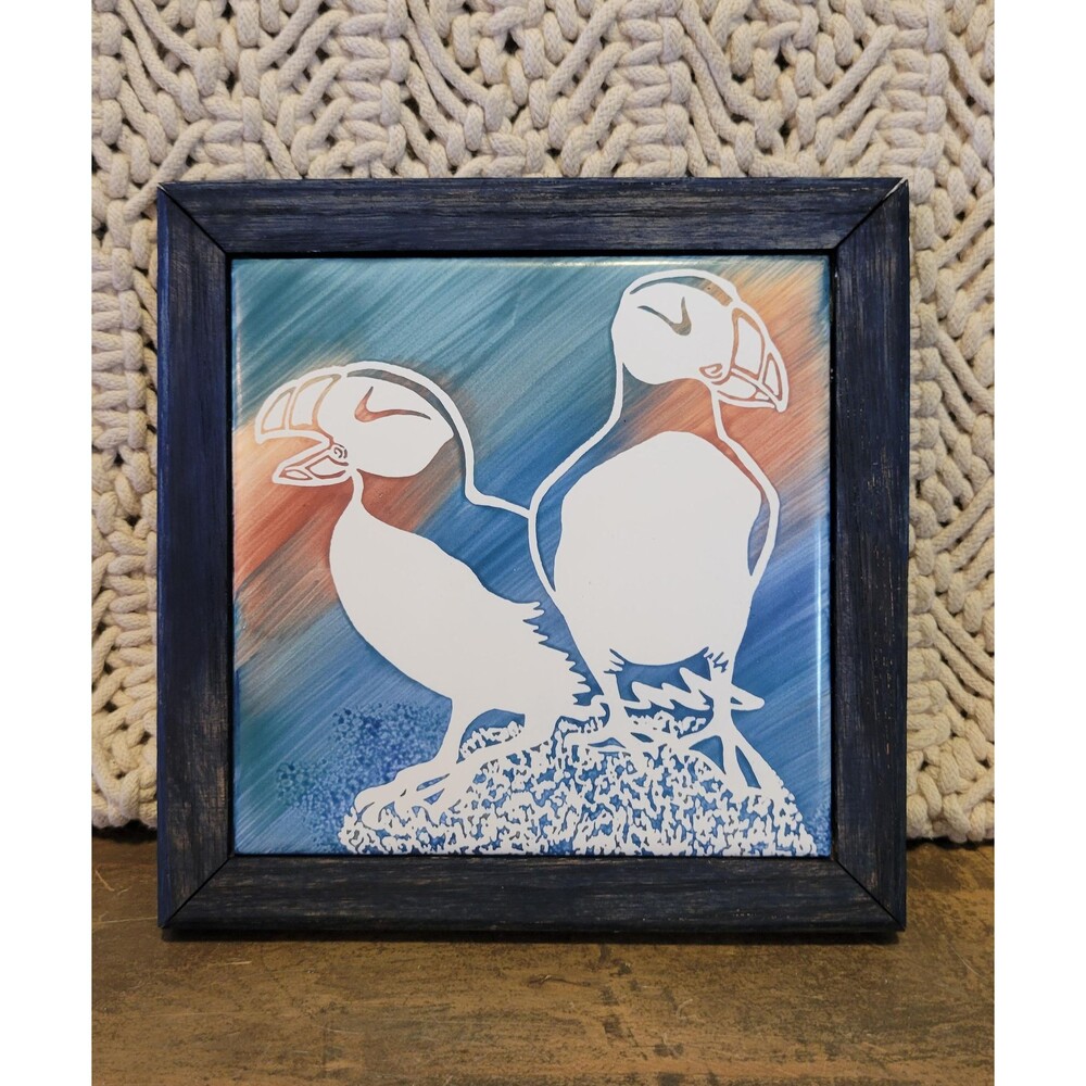 Connie Englebrecht Signed Sand Carved Tile Wall Hanging Trivet of Horned Puffin